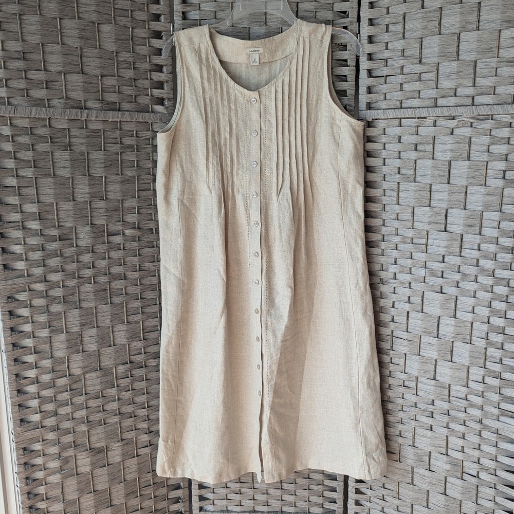 LL Bean Shift Dress Beige Pintuck Button Front Linen Sz 12 Lagenlook Minimalist - Picture 1 of 7